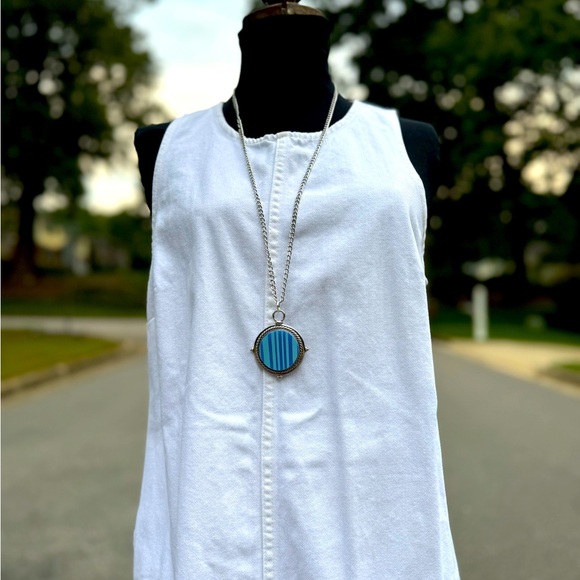 Upcycled broken PYREX Blue Stripe Barcode silver 32 inch chain necklace - Picture 2 of 7